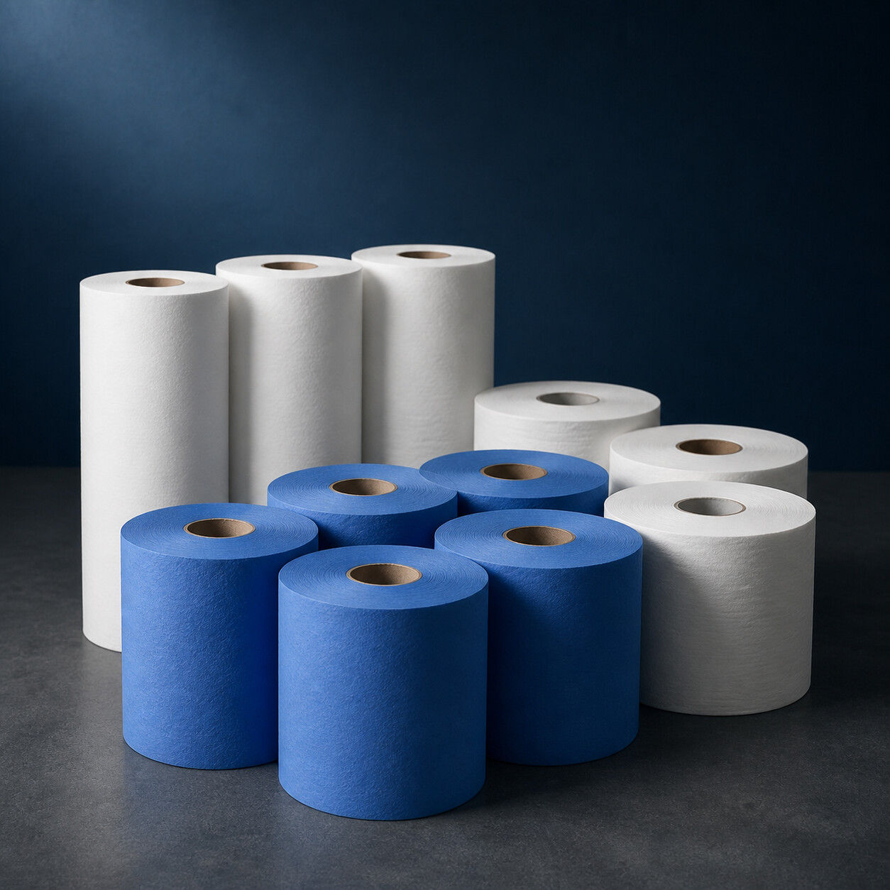 Blue centrefeed, white centrefeed and couch rolls arranged together